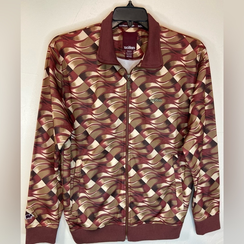 Scifen~Men’s Full-Zip Track Jacket~Rust, Tan & White Wave Pattern~Pockets~Size M